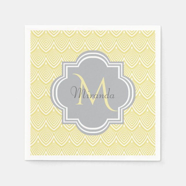 Chic Yellow Art Deco Scallops Grey Monogram Name Napkin (Front)