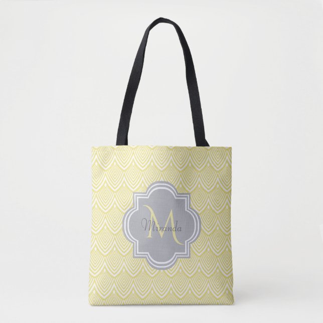 Chic Yellow Art Deco Scallops Grey Monogram Name Tote Bag (Front)
