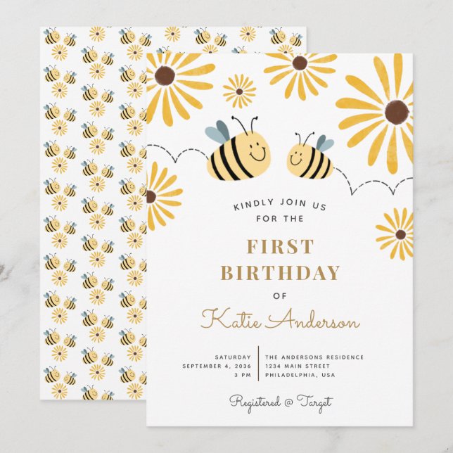 Chic Yellow Bee and Sunflower First Birthday Invitation (Front/Back)
