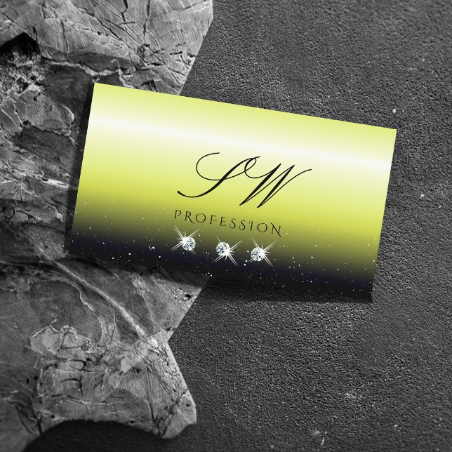 Chic Yellow Black Gradient Sparkle Jewels Monogram Business Card (Creator Uploaded)