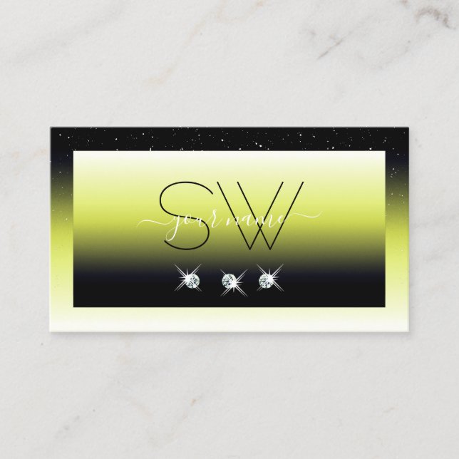 Chic Yellow Black Ombre Sparkle Diamonds Monogram  Business Card (Front)