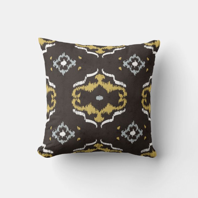 Chic yellow brown ikat tribal pattern cushion (Front)