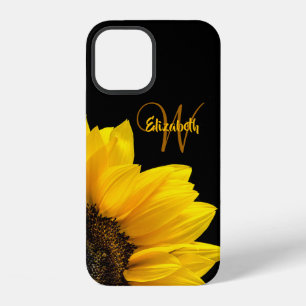 Chic Yellow Daisy Floral Monogram Name Black iPhone 12 Case