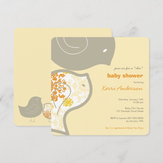 Chic Yellow Damask Chicks Baby Shower Party Invite (Front/Back)