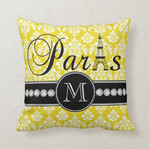 Chic Yellow Damask Paris Monogrammed Cushion