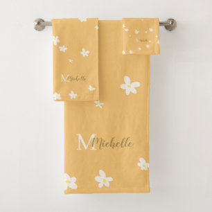 Chic Yellow Farmhouse Sweet Daisies Girly Monogram Bath Towel Set