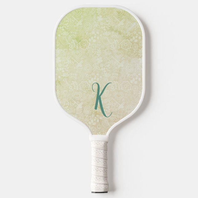 Chic Yellow Floral Pattern Monogram Pickleball Paddle (Front)