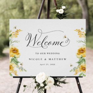 Chic Yellow Floral with Bees, Wedding Welcome Sign