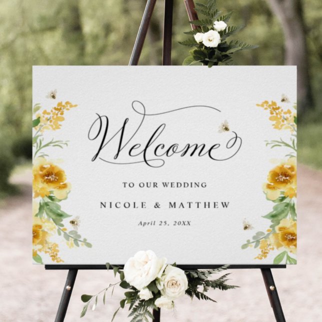 Chic Yellow Floral with Bees, Wedding Welcome Sign (Creator Uploaded)