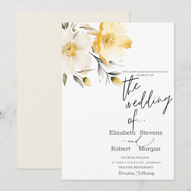 Chic Yellow Flowers Wedding Invitation (Front/Back)