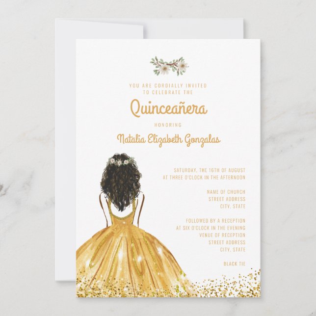 Chic Yellow Gold Princess Dress 15th Quinceañera Invitation (Front)