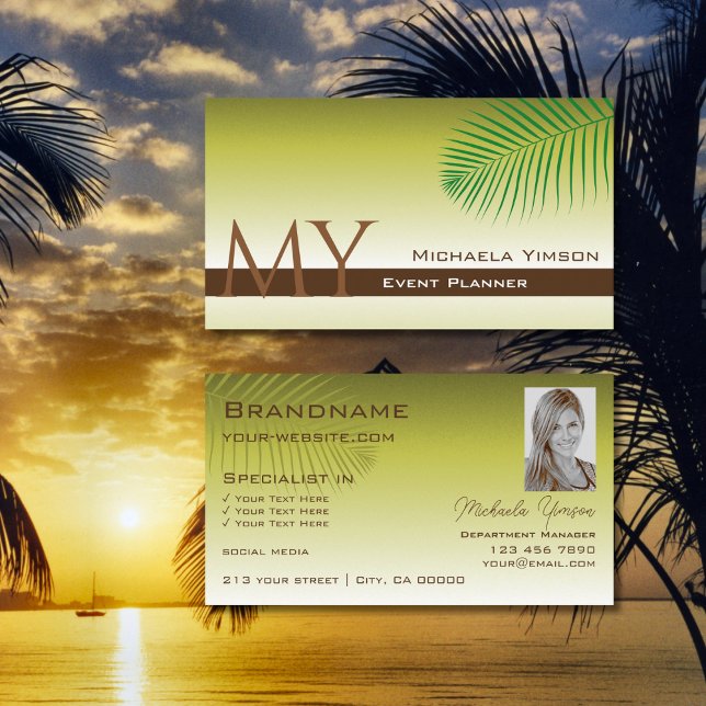 Chic Yellow Gradient Palm Leaf Monogram and Photo Business Card (Creator Uploaded)