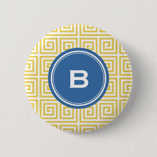 Chic yellow greek key geometric patterns monogram 6 cm round badge