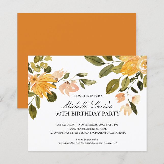Chic Yellow green floral 50TH BIRTHDAY PARTY (Front/Back)