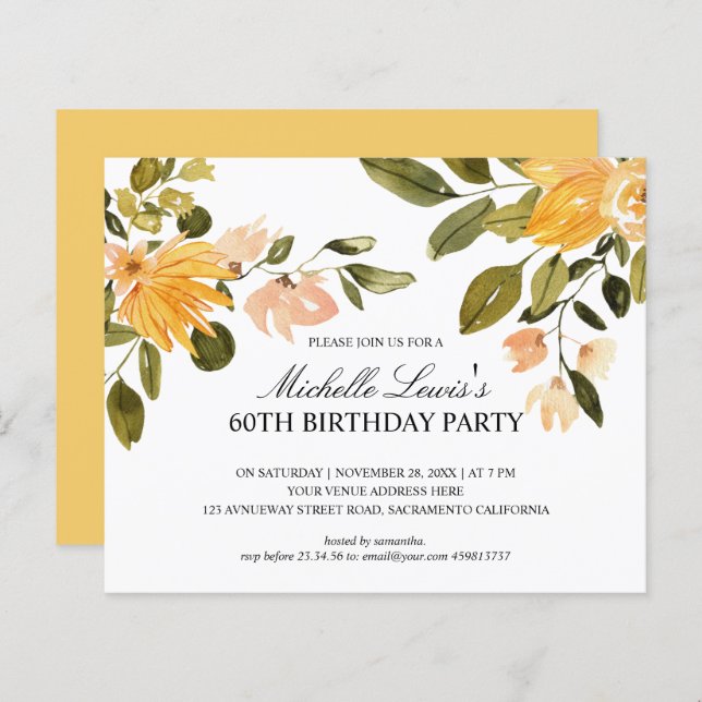 Chic Yellow green floral 60TH BIRTHDAY PARTY (Front/Back)
