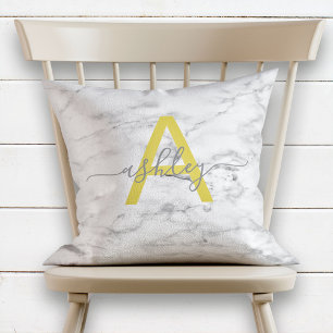 Chic Yellow & Grey Marble Name Monogram Cushion
