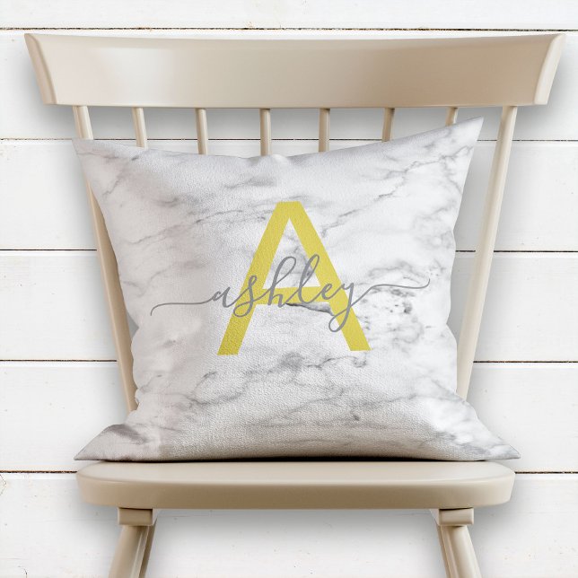 Chic Yellow & Grey Marble Name Monogram Cushion (Creator Uploaded)