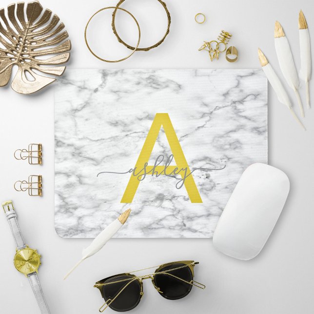 Chic Yellow Grey White Marble Script Name Monogram Mouse Mat (Creator Uploaded)