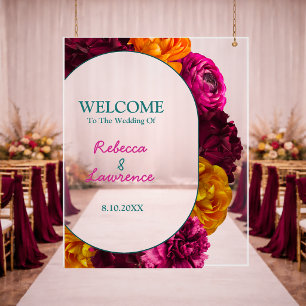 chic yellow hot pink green floral wedding welcome acrylic sign