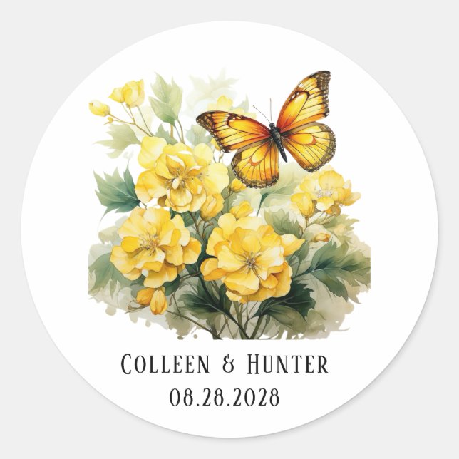 Chic Yellow Hydrangea Butterfly Wedding Classic Round Sticker (Front)