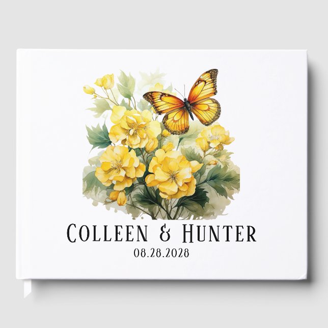 Chic Yellow Hydrangea Butterfly Wedding Guest Book (Front)