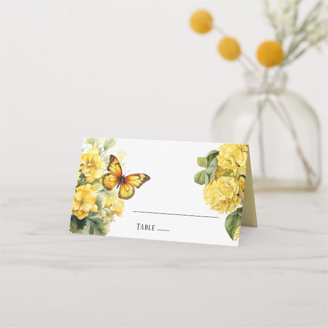 Chic Yellow Hydrangea Butterfly Wedding Place Card (Front)
