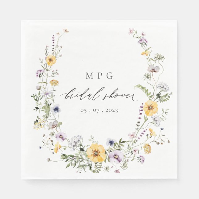 Chic Yellow Lilac Wildflower Wreath Bridal Shower Napkin (Front)