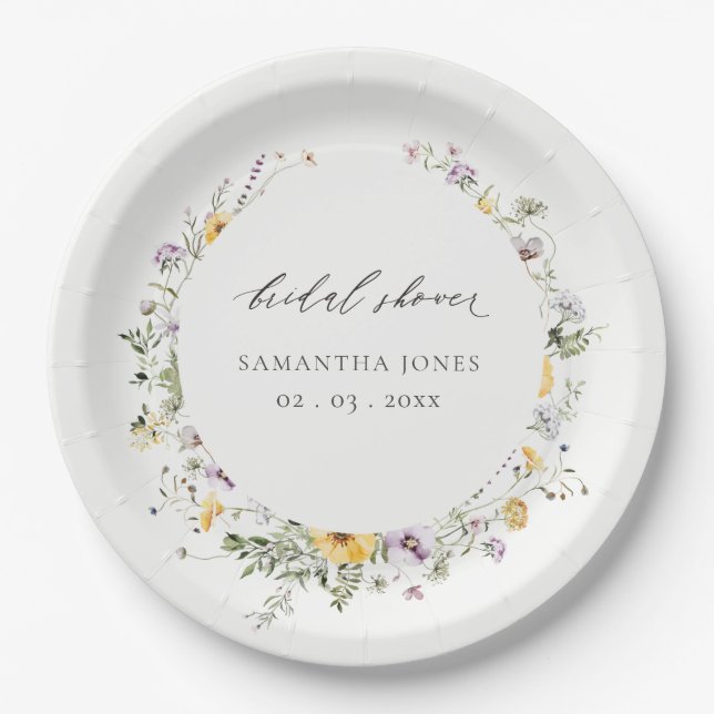 Chic Yellow Lilac Wildflower Wreath Bridal Shower Paper Plate (Front)