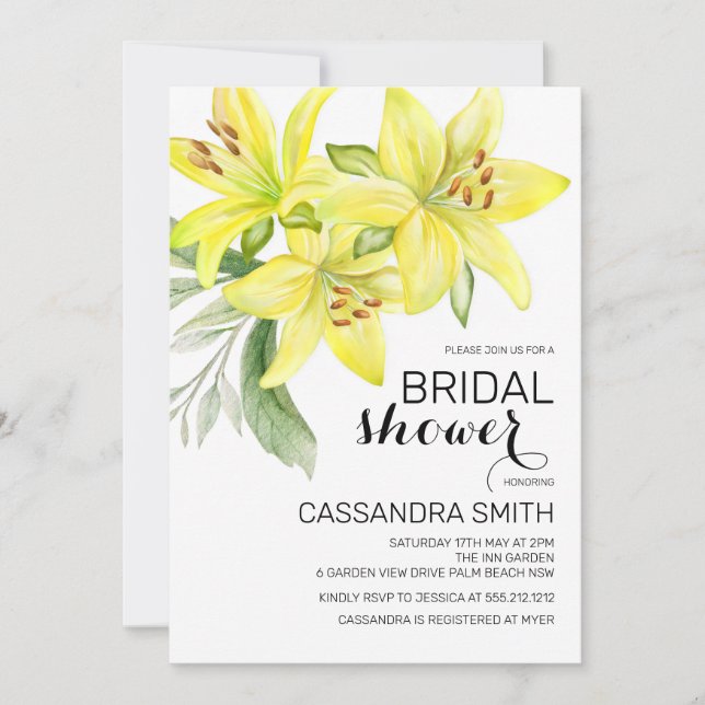 Chic Yellow Lily Floral Greenery Bridal Shower Invitation (Front)