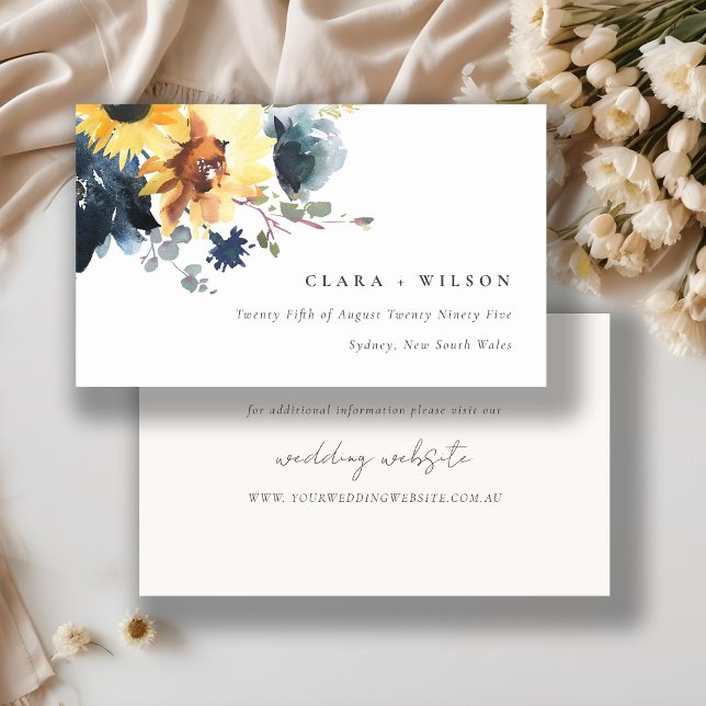 Chic Yellow Navy Sunflower Floral Wedding Website Enclosure Card (Creator Uploaded)