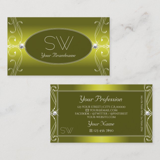 Chic Yellow Olive Ornate Sparkle Jewels Monogram Business Card (Front/Back)