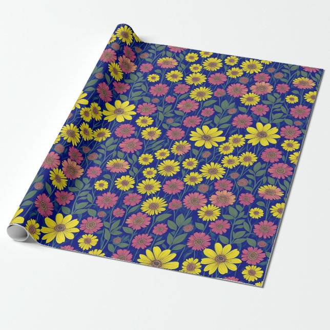 Chic Yellow Pink Daisies Flower Botanical Garden Wrapping Paper (Unrolled)