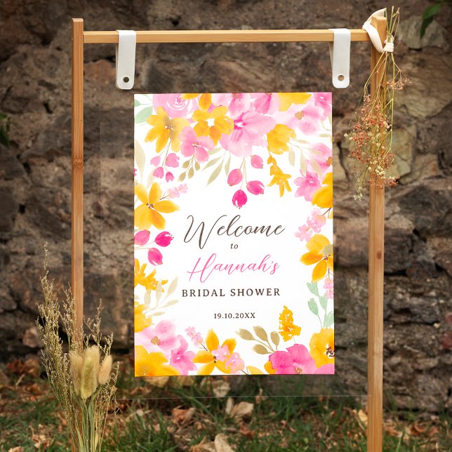 Chic yellow pink floral watercolor bridal welcome poster (Chic yellow pink floral watercolor bridal welcome poster)