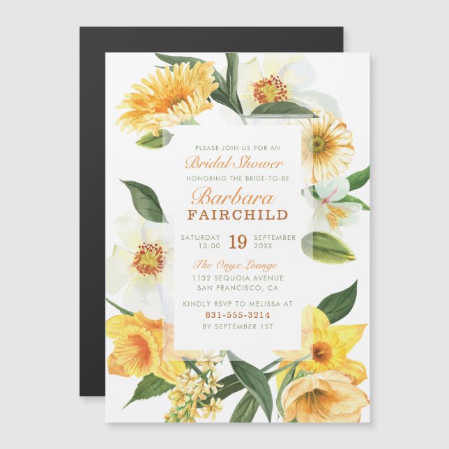 Chic Yellow Spring Daffodils Floral Bridal Shower Magnetic Invitation (Front/Back)