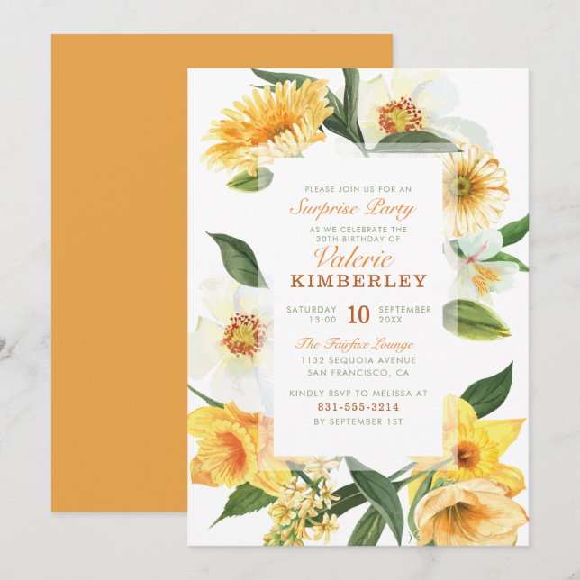 Chic Yellow Spring Daisies Floral Surprise Party Invitation (Front/Back)