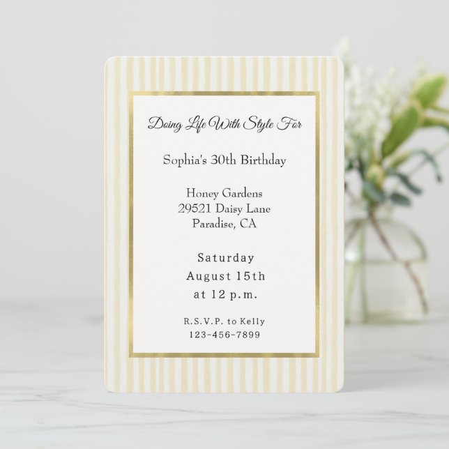 Chic Yellow Stripes Birthday   Invitation (Standing Front)