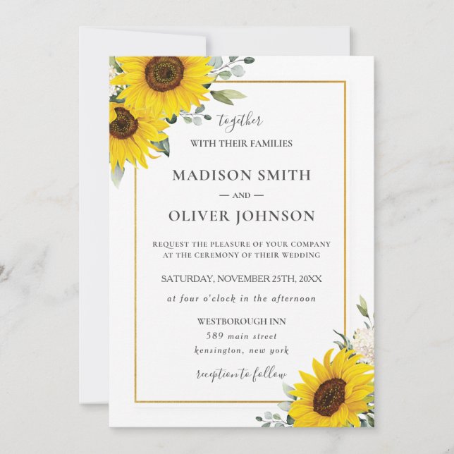 Chic Yellow Sunflower Floral Gold Wedding   Invita Invitation (Front)