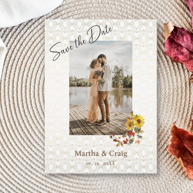 Chic Yellow Sunflower Lace Photo Save The Date Invitation (Creator Uploaded)