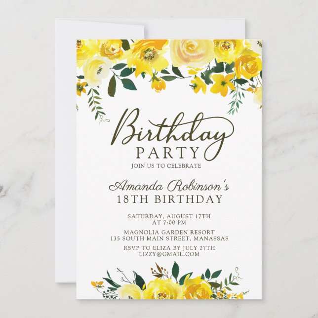 Chic Yellow Watercolor Rose Floral 18th Birthday Invitation (Front)