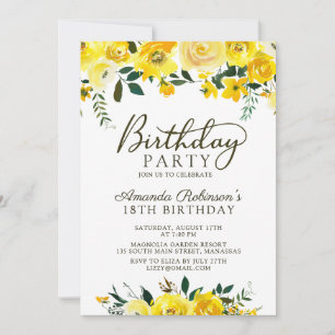 Chic Yellow Watercolor Rose Floral 18th Birthday Invitation