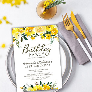 Chic Yellow Watercolor Rose Floral 21st Birthday Invitation