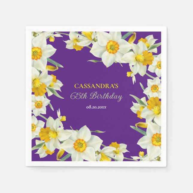 Chic Yellow White Daffodil Floral Purple Birthday  Napkin (Front)