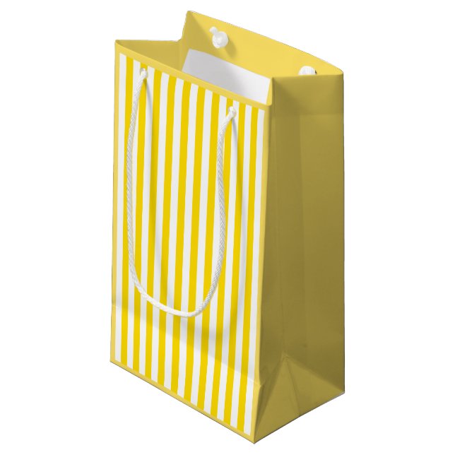 Chic Yellow White Striped Template Elegant Modern Small Gift Bag (Front Angled)