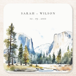 Chic Yosemite National Park CA Watercolor Wedding Square Paper Coaster