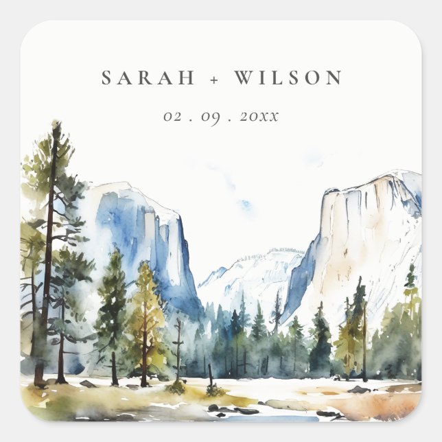 Chic Yosemite National Park CA Watercolor Wedding Square Sticker (Front)