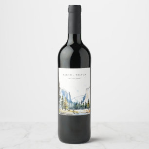 Chic Yosemite National Park CA Watercolor Wedding Wine Label