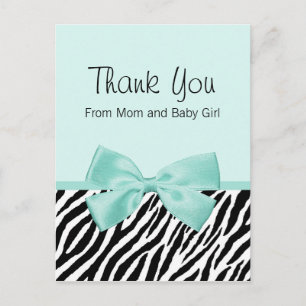 Chic Zebra Fresh Mint Bow Baby Shower Thank You Announcement Postcard