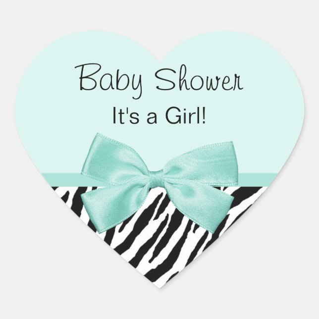 Chic Zebra Mint Ribbon Girly Baby Shower Heart Sticker (Front)