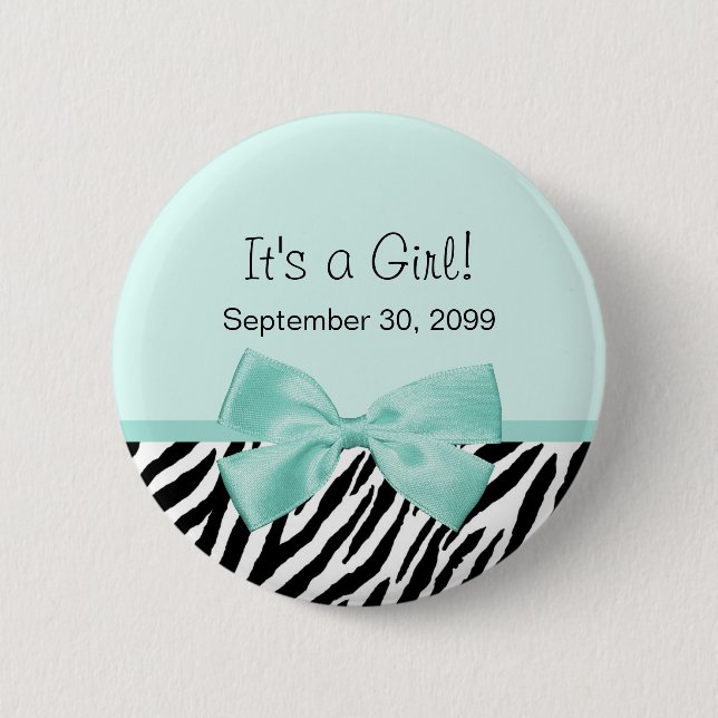 Chic Zebra Mint Ribbon Girly Birth Announcement 6 Cm Round Badge (Front)
