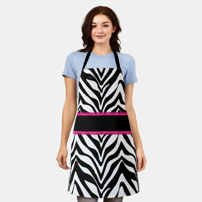 Chic Zebra Pattern Pink Lace Apron (Worn)